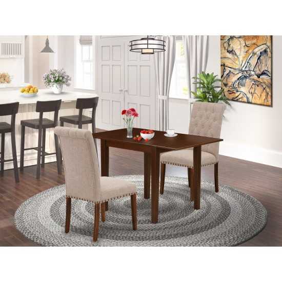 Dining Set 3 Pc, 2 Chairs, Wood Table, Mahogany Finish Solid Wood, Light Fawn Color