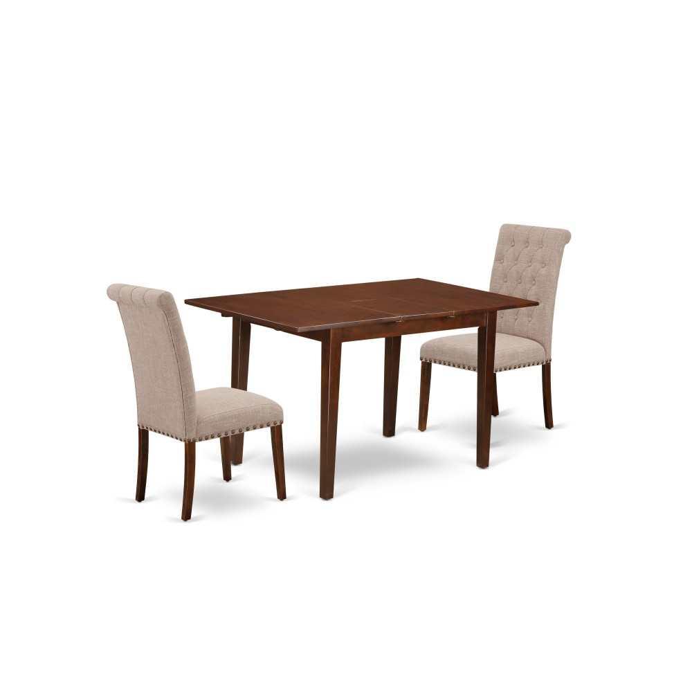 3Pc Dinette Set, Rectangular Kitchen Table, Butterfly Leaf, Two Parson Chairs, Light Fawn Fabric, Mahogany