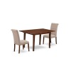 3Pc Dinette Set, Rectangular Kitchen Table, Butterfly Leaf, Two Parson Chairs, Light Fawn Fabric, Mahogany