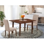 3Pc Dinette Set, Rectangular Kitchen Table, Butterfly Leaf, Two Parson Chairs, Light Fawn Fabric, Mahogany