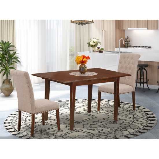 3Pc Dinette Set, Rectangular Kitchen Table, Butterfly Leaf, Two Parson Chairs, Light Fawn Fabric, Mahogany