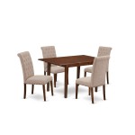 5Pc Dining Set, Rectangle Dinette Table, Butterfly Leaf, Four Parson Chairs, Light Fawn Fabric, Mahogany