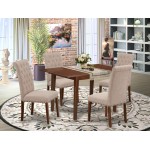 5Pc Dining Set, Rectangle Dinette Table, Butterfly Leaf, Four Parson Chairs, Light Fawn Fabric, Mahogany