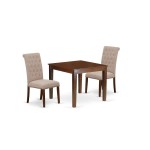 3Pc Dinette Set, Square Kitchen Table, Two Parson Chairs, Light Fawn Fabric, Mahogany Finish