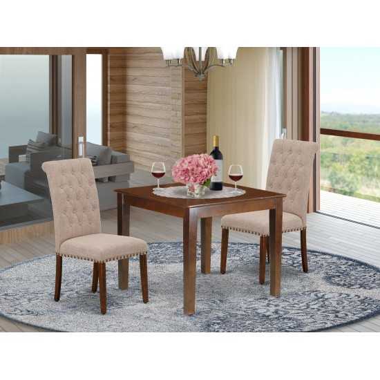 3Pc Dinette Set, Square Kitchen Table, Two Parson Chairs, Light Fawn Fabric, Mahogany Finish