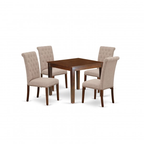 5Pc Dining Set, Square Dinette Table, Four Parson Chairs, Light Fawn Fabric, Mahogany Finish