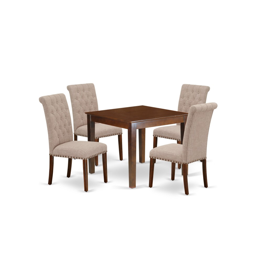 5Pc Dining Set, Square Dinette Table, Four Parson Chairs, Light Fawn Fabric, Mahogany Finish 5Pc Dining Set, Square Dinette Table, Four Parson Chairs, Light Fawn Fabric, Mahogany Finish