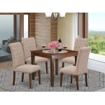 5Pc Dining Set, Square Dinette Table, Four Parson Chairs, Light Fawn Fabric, Mahogany Finish