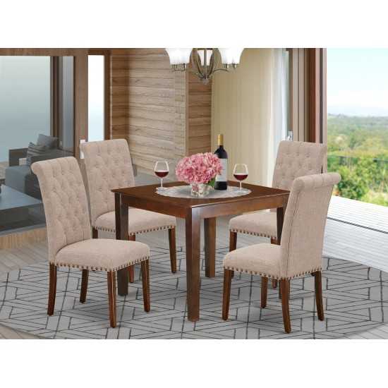 5Pc Dining Set, Square Dinette Table, Four Parson Chairs, Light Fawn Fabric, Mahogany Finish