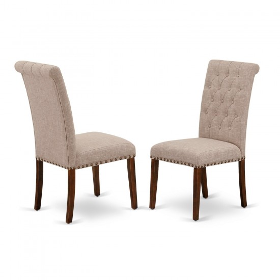 5Pc Dining Set, Square Dinette Table, Four Parson Chairs, Light Fawn Fabric, Mahogany Finish