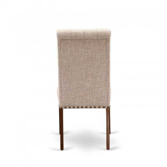 5Pc Dining Set, Square Dinette Table, Four Parson Chairs, Light Fawn Fabric, Mahogany Finish