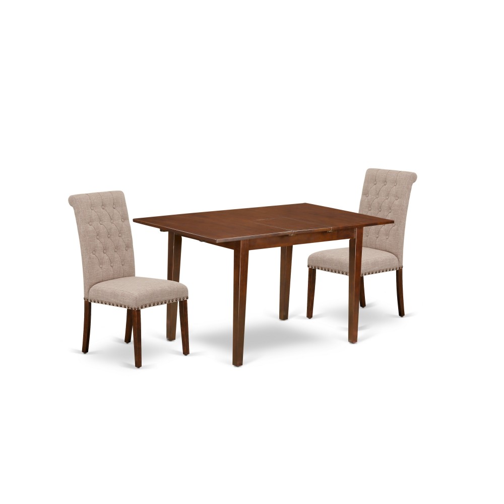 3Pc Dinette Set, Rectangular Kitchen Table, Butterfly Leaf, Two Parson Chairs, Light Fawn Fabric, Mahogany