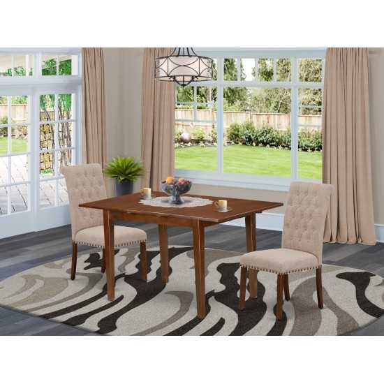 3Pc Dinette Set, Rectangular Kitchen Table, Butterfly Leaf, Two Parson Chairs, Light Fawn Fabric, Mahogany