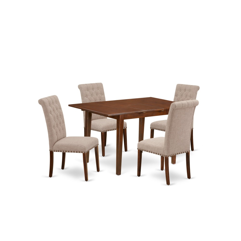 5Pc Dining Set, Rectangle Dinette Table, Butterfly Leaf, Four Parson Chairs, Light Fawn Fabric, Mahogany