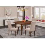 5Pc Dining Set, Rectangle Dinette Table, Butterfly Leaf, Four Parson Chairs, Light Fawn Fabric, Mahogany