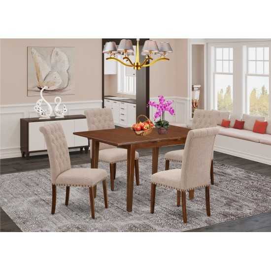 5Pc Dining Set, Rectangle Dinette Table, Butterfly Leaf, Four Parson Chairs, Light Fawn Fabric, Mahogany