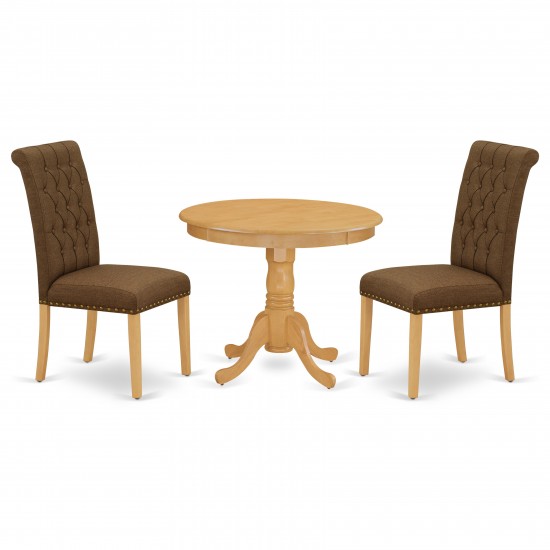 3Pc Dinette Set, Small Rounded Kitchen Table, Two Parson Chairs, Dark Coffee Fabric, Oak Finish