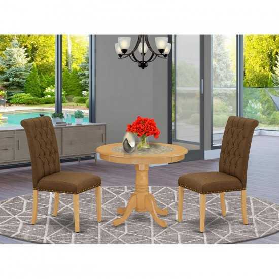 3Pc Dinette Set, Small Rounded Kitchen Table, Two Parson Chairs, Dark Coffee Fabric, Oak Finish