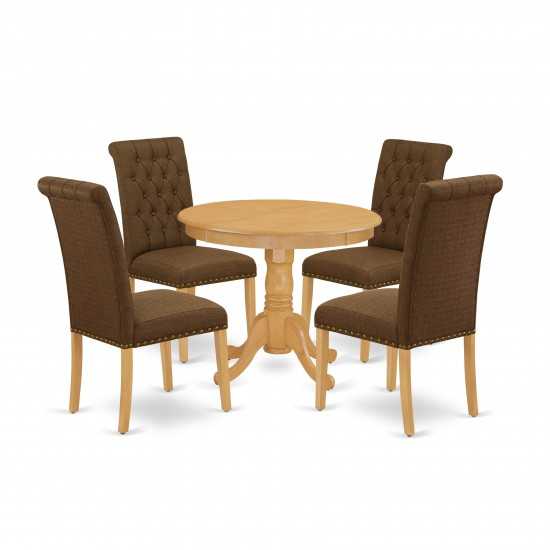 5Pc Dining Set, Small Round Dinette Table, Four Parson Chairs, Dark Coffee Fabric, Oak Finish