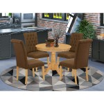 5Pc Dining Set, Small Round Dinette Table, Four Parson Chairs, Dark Coffee Fabric, Oak Finish