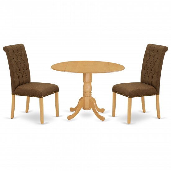 3Pc Dinette Set, Rounded Kitchen Table, Drop Leaves, Two Parson Chairs, Dark Coffee Fabric, Oak