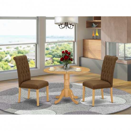 3Pc Dinette Set, Rounded Kitchen Table, Drop Leaves, Two Parson Chairs, Dark Coffee Fabric, Oak