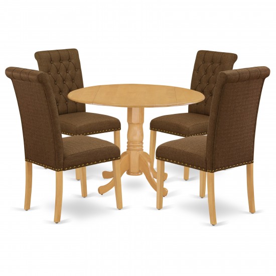 5Pc Dining Set, Round Dinette Table, Drop Leaves, Four Parson Chairs, Dark Coffee Fabric, Oak