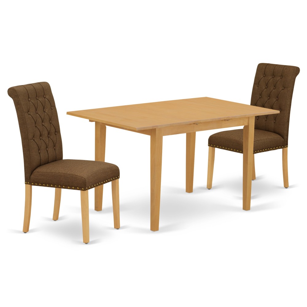 3Pc Dinette Set, Rectangular Kitchen Table, Butterfly Leaf, Two Parson Chairs, Dark Coffee Fabric, Oak