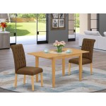 3Pc Dinette Set, Rectangular Kitchen Table, Butterfly Leaf, Two Parson Chairs, Dark Coffee Fabric, Oak