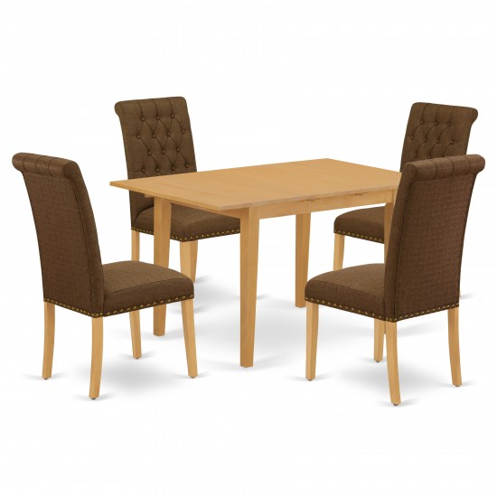 5Pc Dining Set, Rectangle Dinette Table, Butterfly Leaf, Four Parson Chairs, Dark Coffee Fabric, Oak