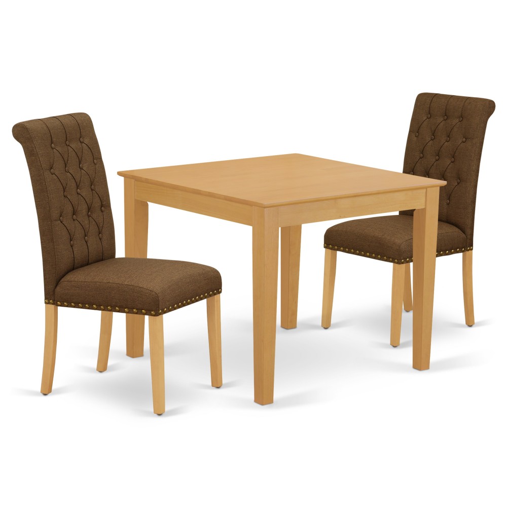 3Pc Dinette Set, Square Kitchen Table, Two Parson Chairs, Dark Coffee Fabric, Oak Finish