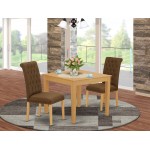 3Pc Dinette Set, Square Kitchen Table, Two Parson Chairs, Dark Coffee Fabric, Oak Finish