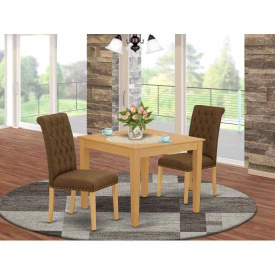 3Pc Dinette Set, Square Kitchen Table, Two Parson Chairs, Dark Coffee Fabric, Oak Finish