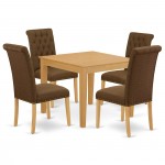 5Pc Dining Set, Square Dinette Table, Four Parson Chairs, Dark Coffee Fabric, Oak Finish