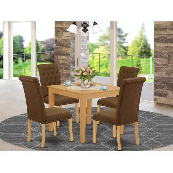 5Pc Dining Set, Square Dinette Table, Four Parson Chairs, Dark Coffee Fabric, Oak Finish