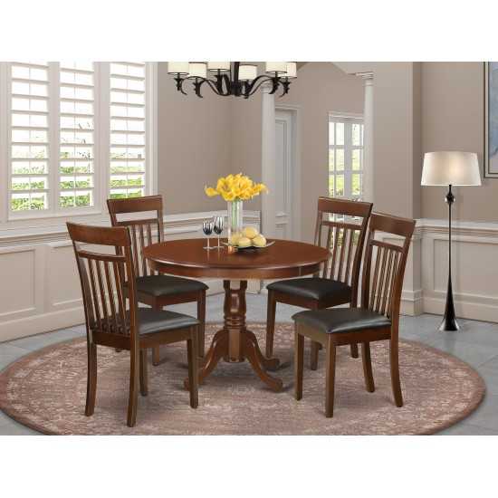 5 Pc Set With A Round Table And 4 Leather Dinette Chairs In Mahogany