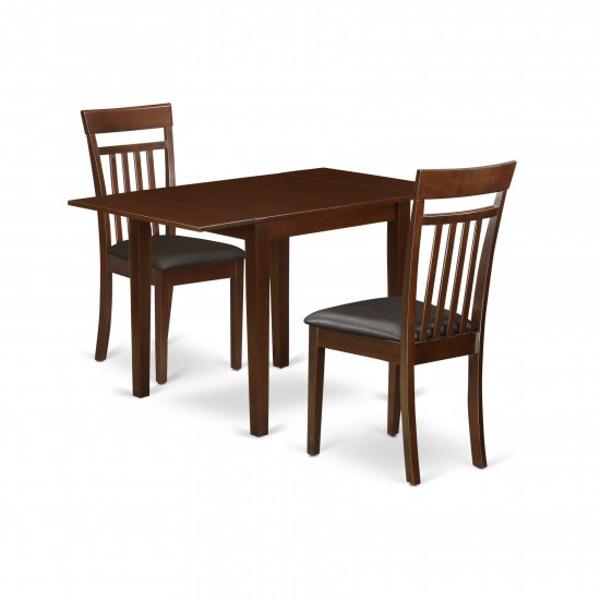 Kitchen Set For 3- 2 Kitchen Chairs, Wood Dining Table, Mahogany Color Faux Leather, Mahogany Finish Wood Frame