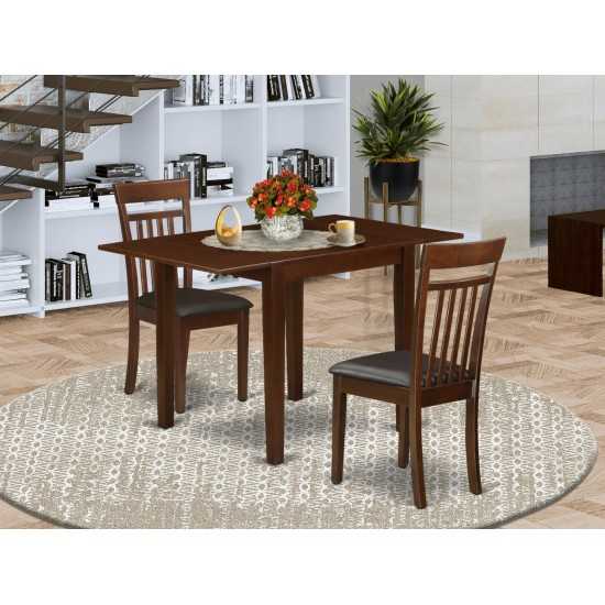 Kitchen Set For 3- 2 Kitchen Chairs, Wood Dining Table, Mahogany Color Faux Leather, Mahogany Finish Wood Frame