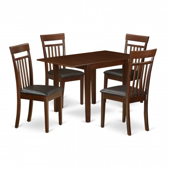 Dining Set For 5- Four Chairs, Table, Mahogany Color Faux Leather, Mahogany Finish Wood Structure