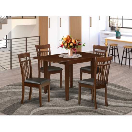 Dining Set For 5- Four Chairs, Table, Mahogany Color Faux Leather, Mahogany Finish Wood Structure