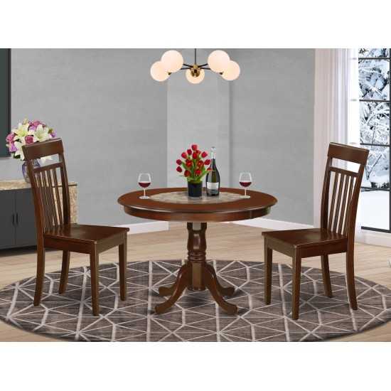 3 Pc Set With A Round Dinette Table And 2 Leather Kitchen Chairs In Mahogany