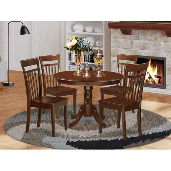 5 Pc Set With A Round Small Table And 4 Wood Dinette Chairs In Mahogany