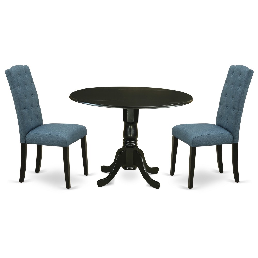 3Pc Dinette Set, Rounded Kitchen Table, Drop Leaves, Two Parson Chairs, Blue Fabric, Black