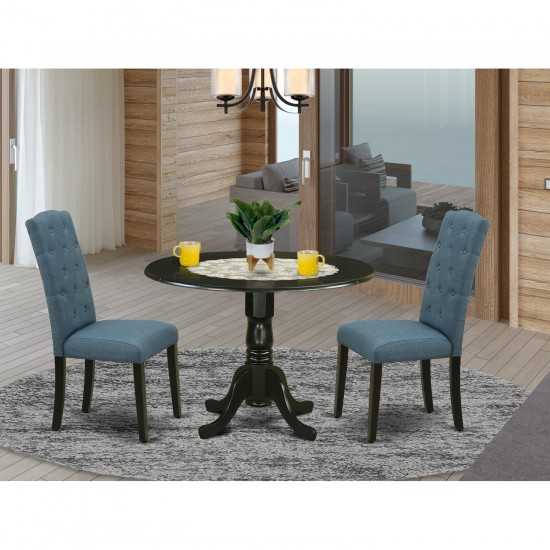 3Pc Dinette Set, Rounded Kitchen Table, Drop Leaves, Two Parson Chairs, Blue Fabric, Black