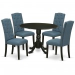 5Pc Dining Set, Round Dinette Table, Drop Leaves, Four Parson Chairs, Blue Fabric, Black