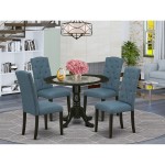 5Pc Dining Set, Round Dinette Table, Drop Leaves, Four Parson Chairs, Blue Fabric, Black