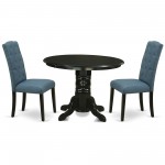 3Pc Dinette Set, Round Dining Table, Two Parson Chairs, Blue Fabric, Black Finish