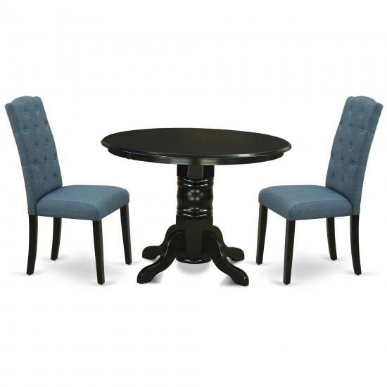 3Pc Dinette Set, Round Dining Table, Two Parson Chairs, Blue Fabric, Black Finish