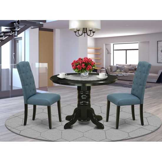 3Pc Dinette Set, Round Dining Table, Two Parson Chairs, Blue Fabric, Black Finish