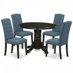 5Pc Dining Set, Round Room Table, Four Parson Chairs, Blue Fabric, Black Finish